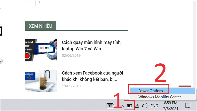 Nhấn chuột phải vào biểu tượng pin 