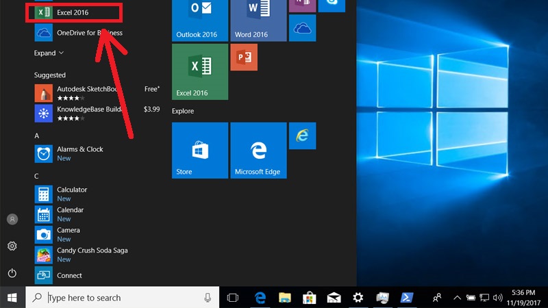 Mở icon Excel trong Start Menu