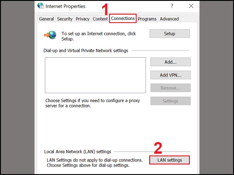 Mở hộp thoại LAN Settings