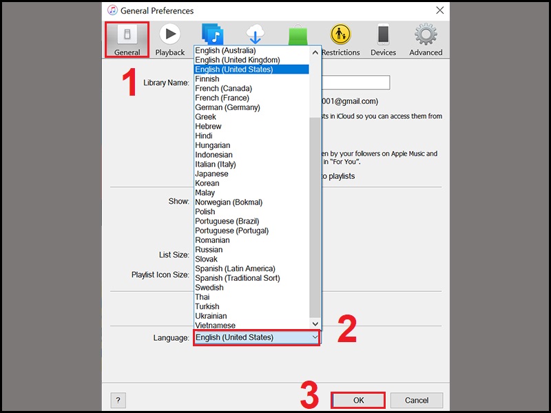 Chọn ngôn ngữ iTunes giống với ngôn ngữ laptop
