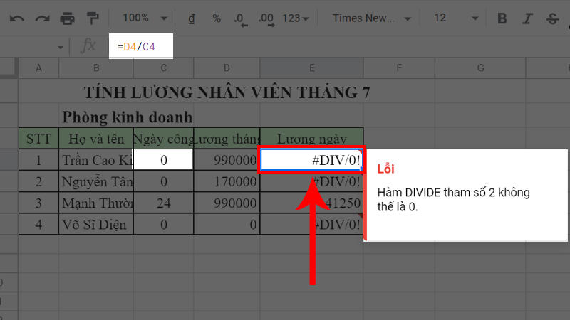 Lỗi chia cho số 0