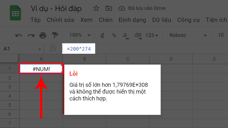 Tính toán một giá trị rất lớn dẫn đến lỗi #NUM!