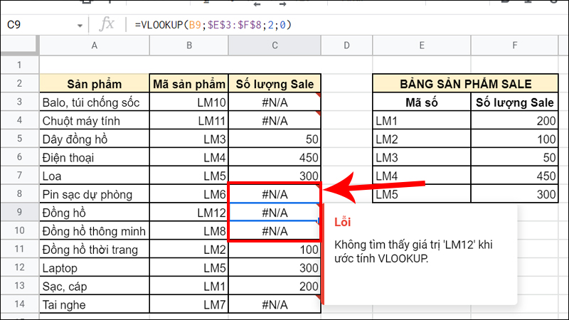 Hàm VLOOKUP bị lỗi #NA vì không tìm thấy đối tượng dò tìm