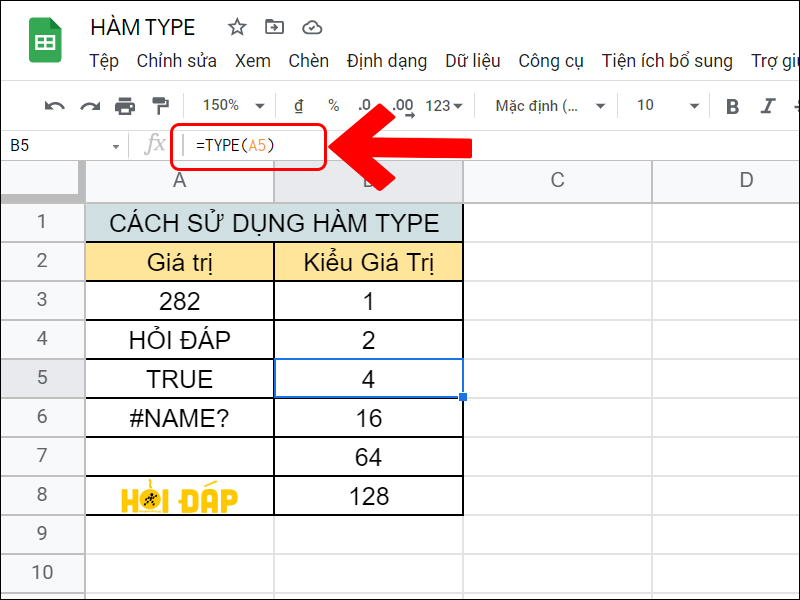 V&iacute; dụ h&agrave;m TYPE với kiểu Logic