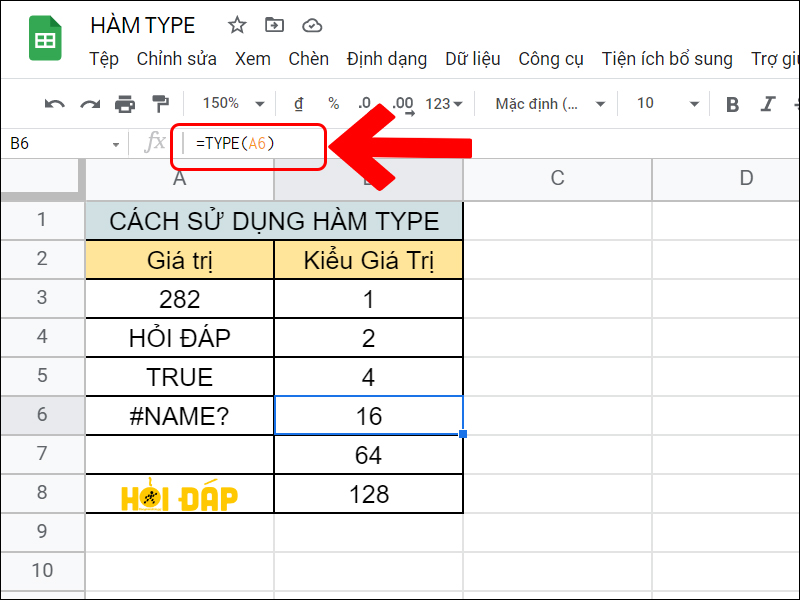 V&iacute; dụ h&agrave;m TYPE với kiểu gi&aacute; trị lỗi