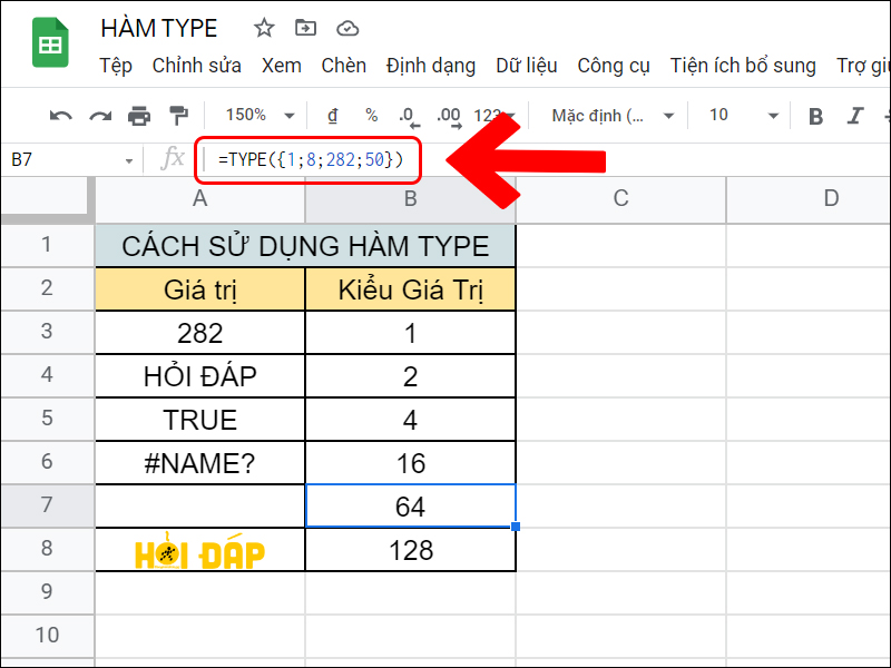 V&iacute; dụ h&agrave;m TYPE với kiểu mảng