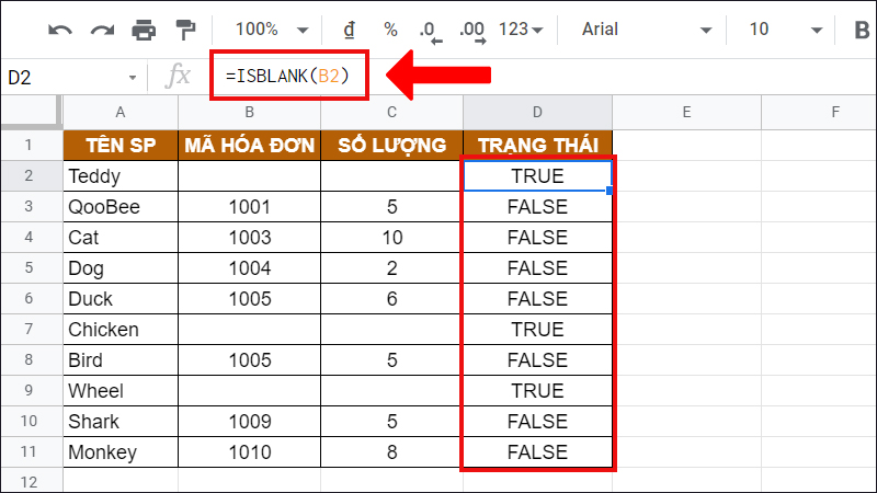 Ví dụ về hàm ISBLANK