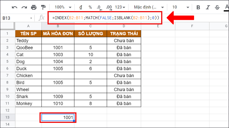 Hàm ISBLANK kết hợp với hàm INDEX, MATCH