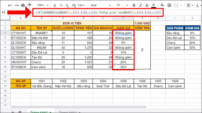 Hàm ISERROR kết hợp với hàm VLOOKUP