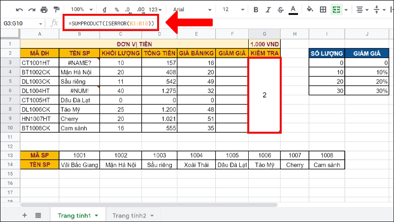 Hàm ISERROR kết hợp với hàm SUMPRODUCT