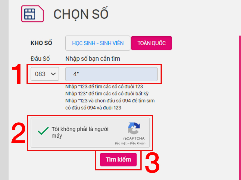 Chọn đầu số và tìm kiếm