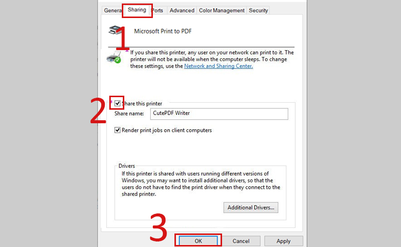 Trong hộp thoại mới mở ra, hãy chọn tab Sharing rồi tick vào dòng Share this printer