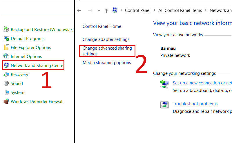 Quay lại Control Panel, chọn Network and Sharing Center và nhấn Change advanced sharing settings