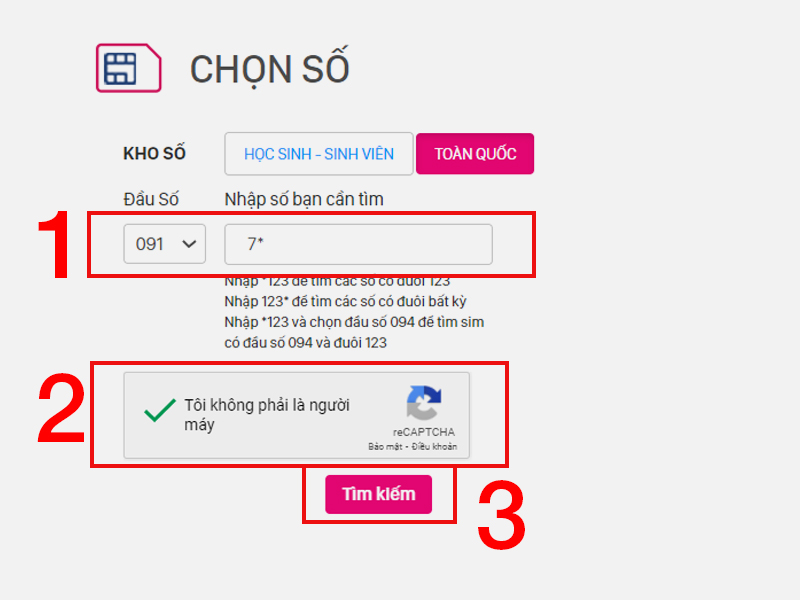 Chọn đầu số và tìm kiếm