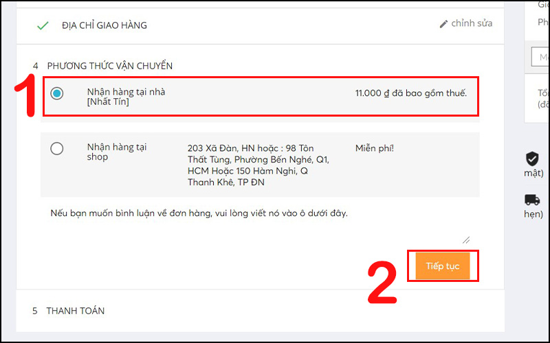 Chọn phương thức Nhận hàng tại nhà