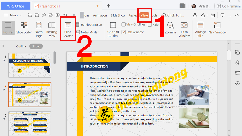 Vào View  Chọn Slide Master