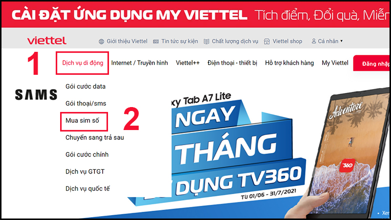 Vào Dịch vụ di động trên website Viettel