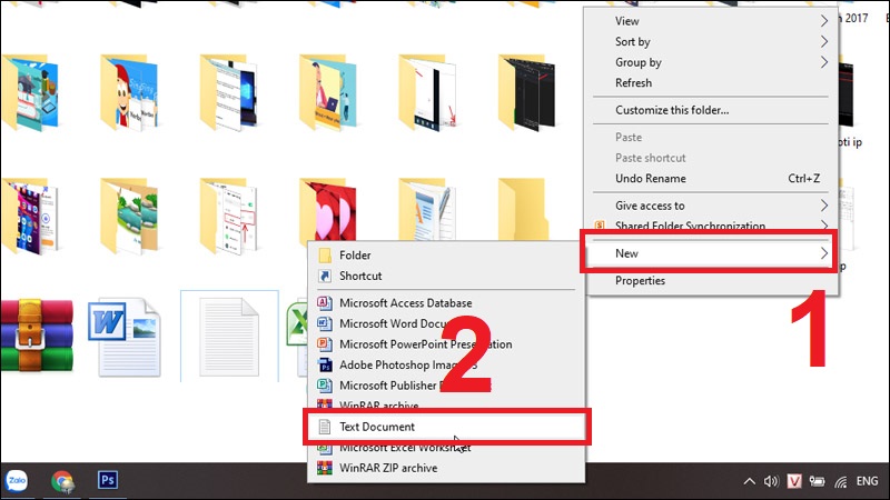 Nhấn chuột phải vào khoảng trống bất kỳ rồi chọn New sau đó chọn Text Document