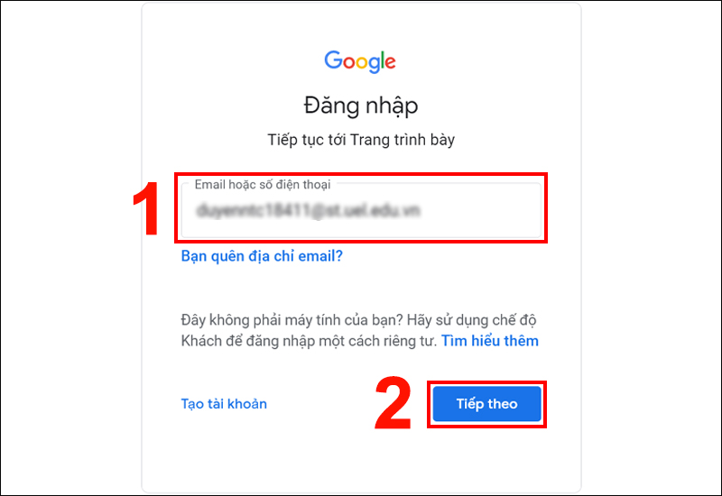 Đăng nhập địa chỉ mail và nhấn Tiếp theo