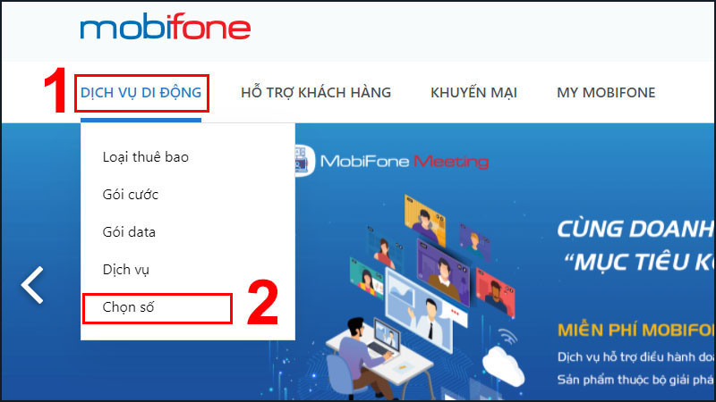 Tìm mục DỊCH VỤ DI ĐỘNG để mua SIM MobiFone