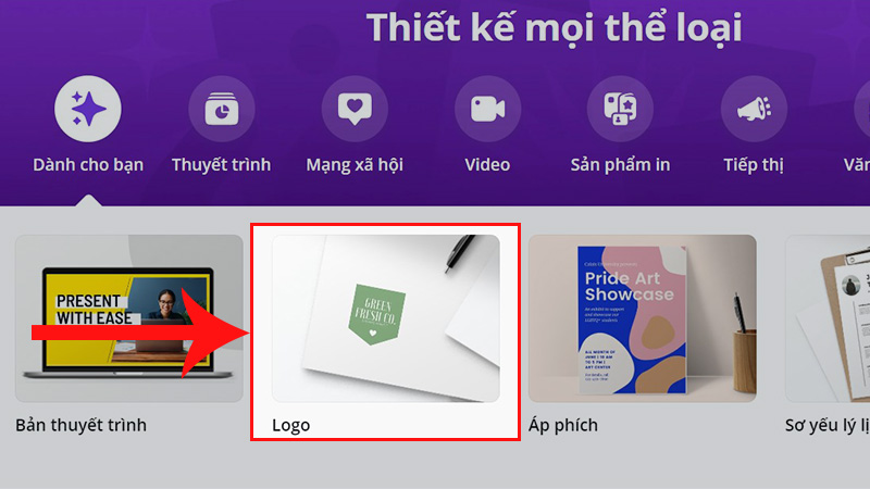 Chọn mục Logo trên trang chủ Canva