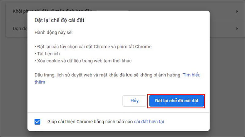 Cửa sổ Đặt lại chế độ cài đặt