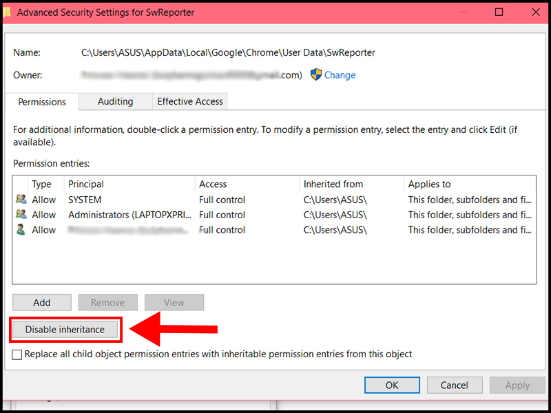 Chọn Disable inheritance
