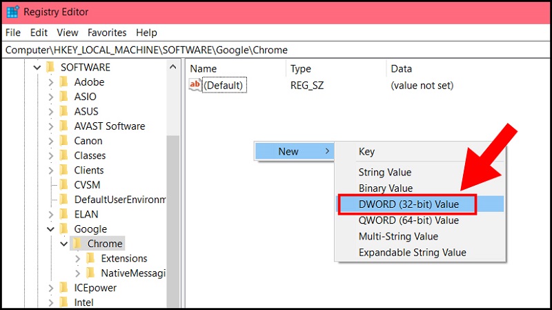 Chọn định dạng thư mục DWORD (32-bit) Value