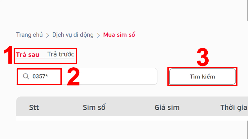 Nhập 0357* nhấn Tìm kiếm