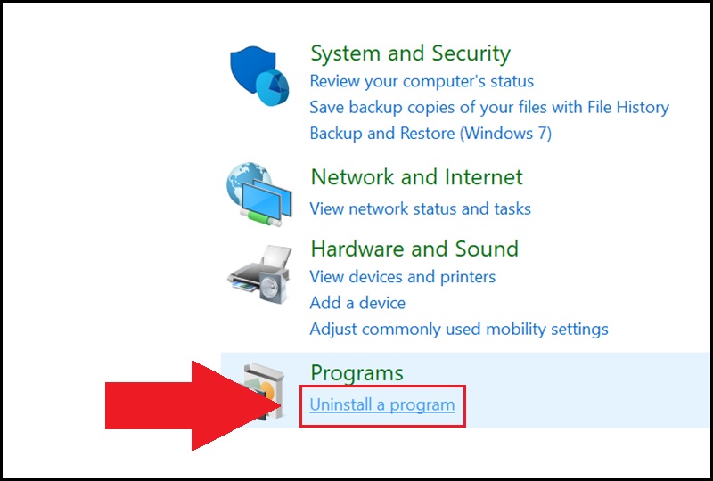 Chọn Uninstall a program