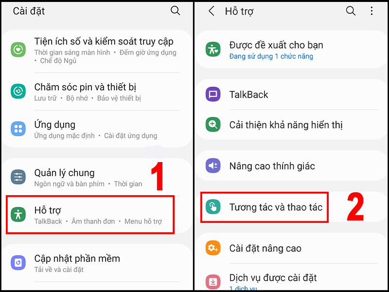Vào mục Hỗ trợ chọn phần Tương tác và Thao tác
