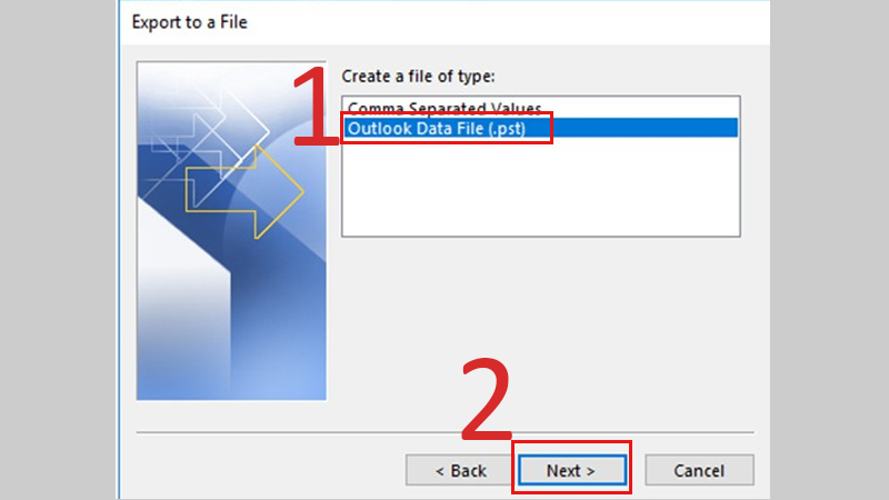 Chọn Outlook Data File (.pst) và nhấn vào Next