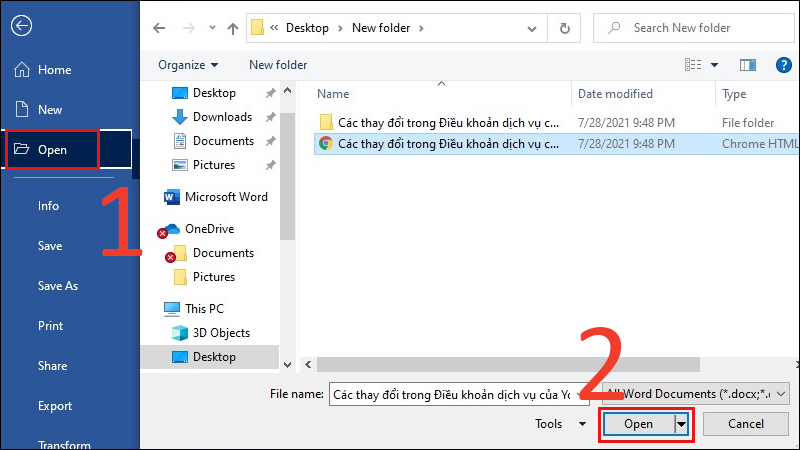 Mở Word và đi tới File, chọn Open và chọn File HTML bạn cần mở