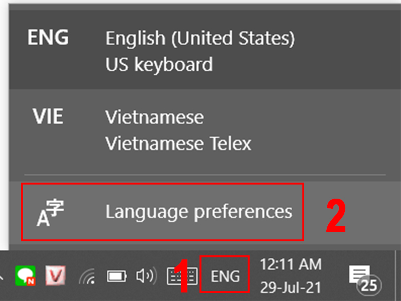 Vào biểu tượng Ngôn ngữ trên máy tính chọn Language preferences
