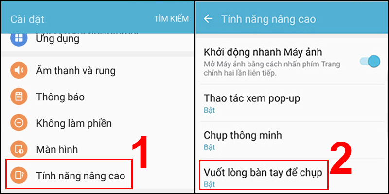 Truy cập Vuốt lòng bàn tay để chụp trong Tính năng nâng cao