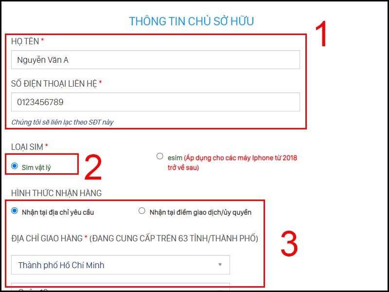 Nhập thông tin chủ sở hữu và địa chỉ giao hàng