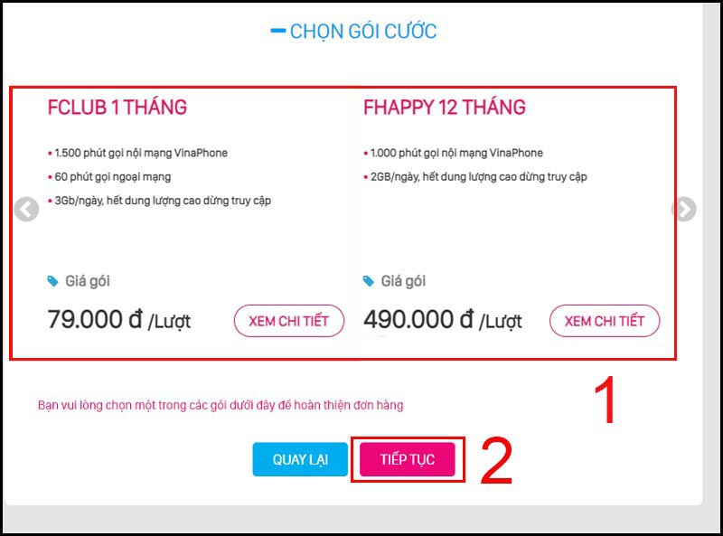 Chọn gói cước và nhấn tiếp tục