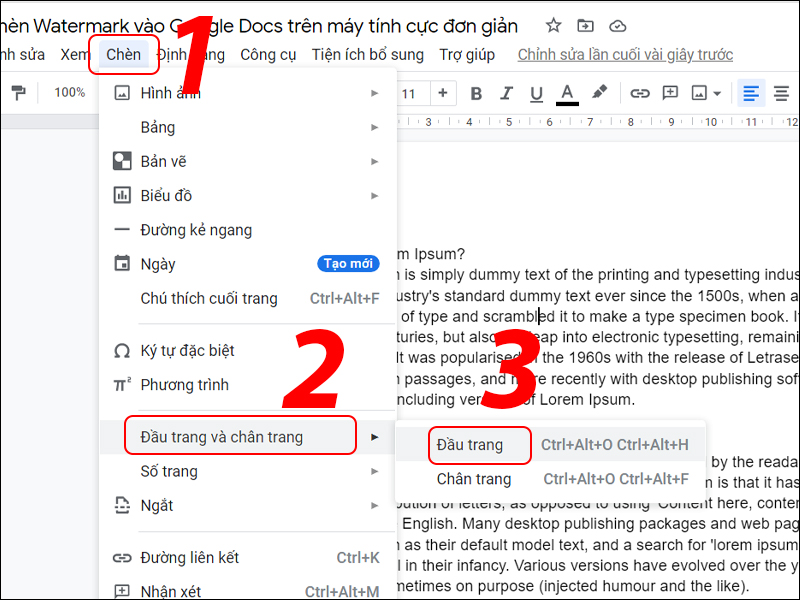 Chọn chức năng chèn đầu trang