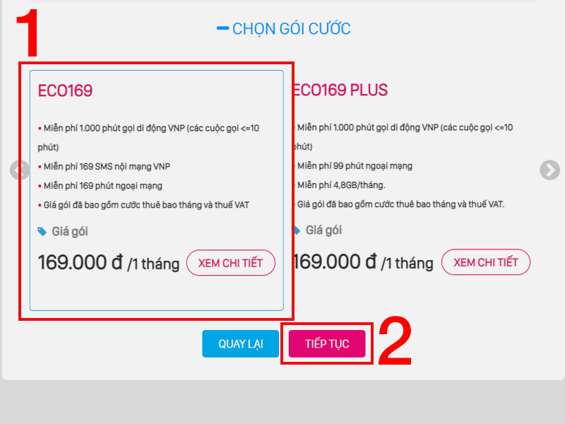 Chọn gói cước và nhấn tiếp tục