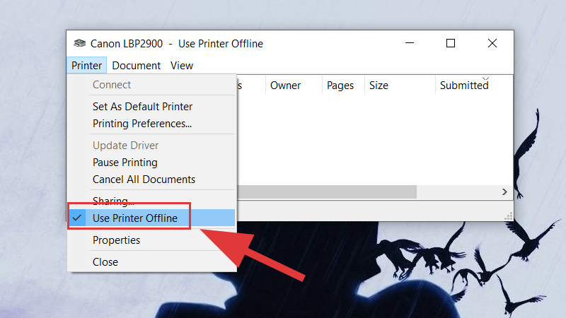 Bỏ tích dấu Use Printer Offline 