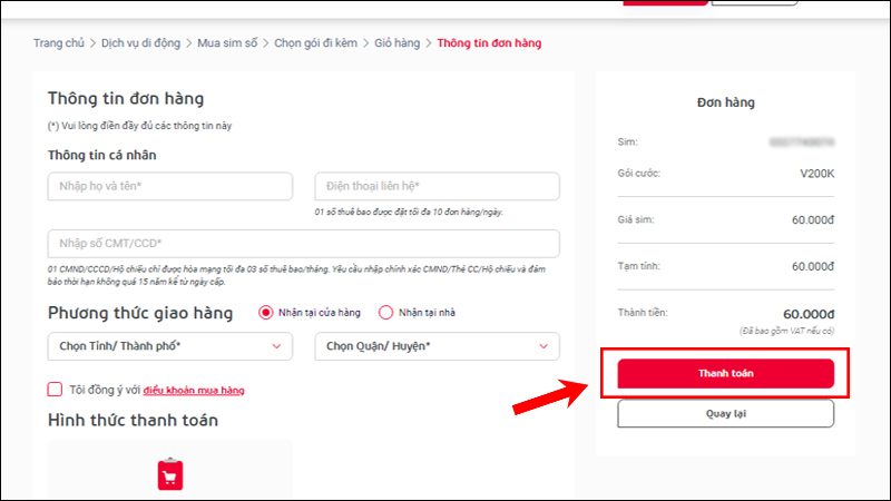 Nhập thông tin và tiến hành thanh toán