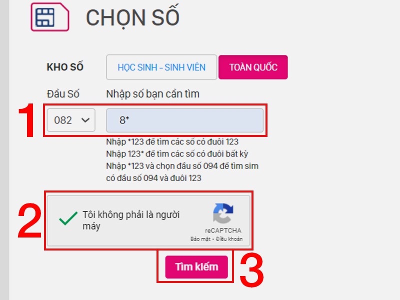 Chọn đầu số và tìm kiếm