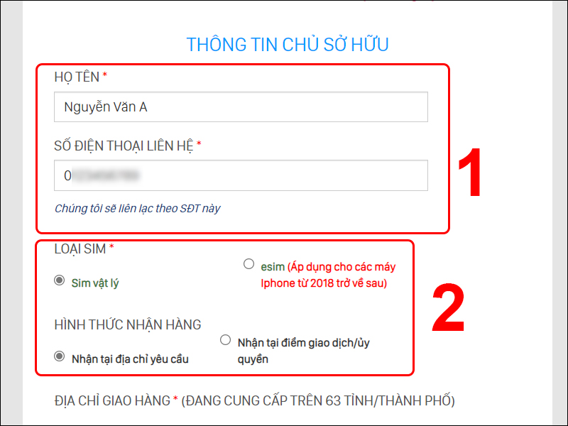 Nhập th&ocirc;ng tin chủ sở hữu v&agrave; chọn loại SIM