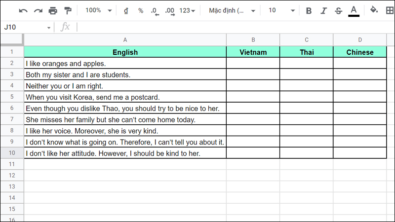 Bài tập sử dụng hàm GOOGLETRANSLATE