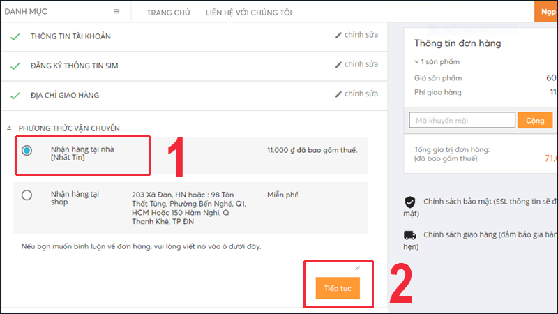 Hãy chọn phương thức vận chuyển nhận hàng tại nhà