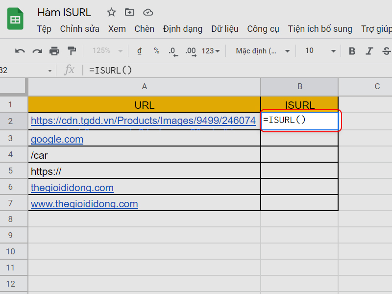 Nhập c&ocirc;ng thức ISURL v&agrave;o &ocirc;