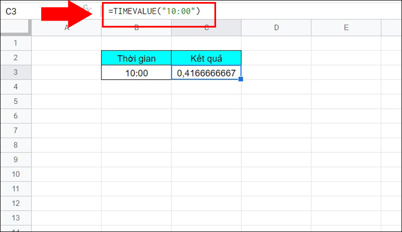 Ví dụ về hàm TIMEVALUE