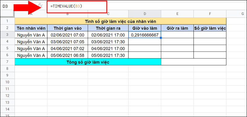 Tính giá trị tại cột Giờ vào làm