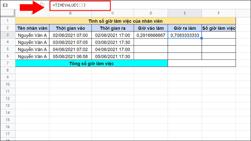 Tính giá trị tại cột Giờ ra làm