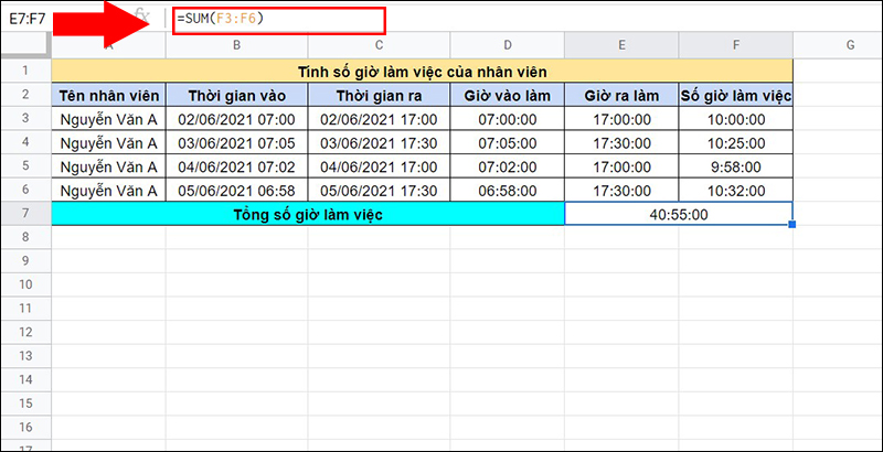 Tính tổng số giờ làm việc